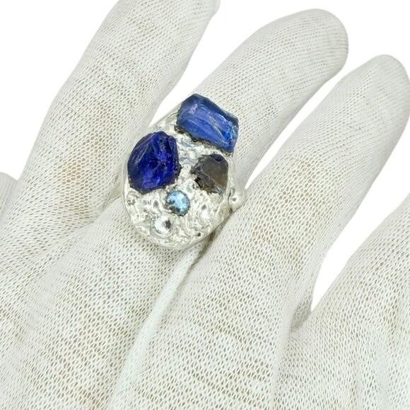 Brutalist Sea Glass Cocktail Ring & Crystal Accent Size 9 - Picture 12 of 12